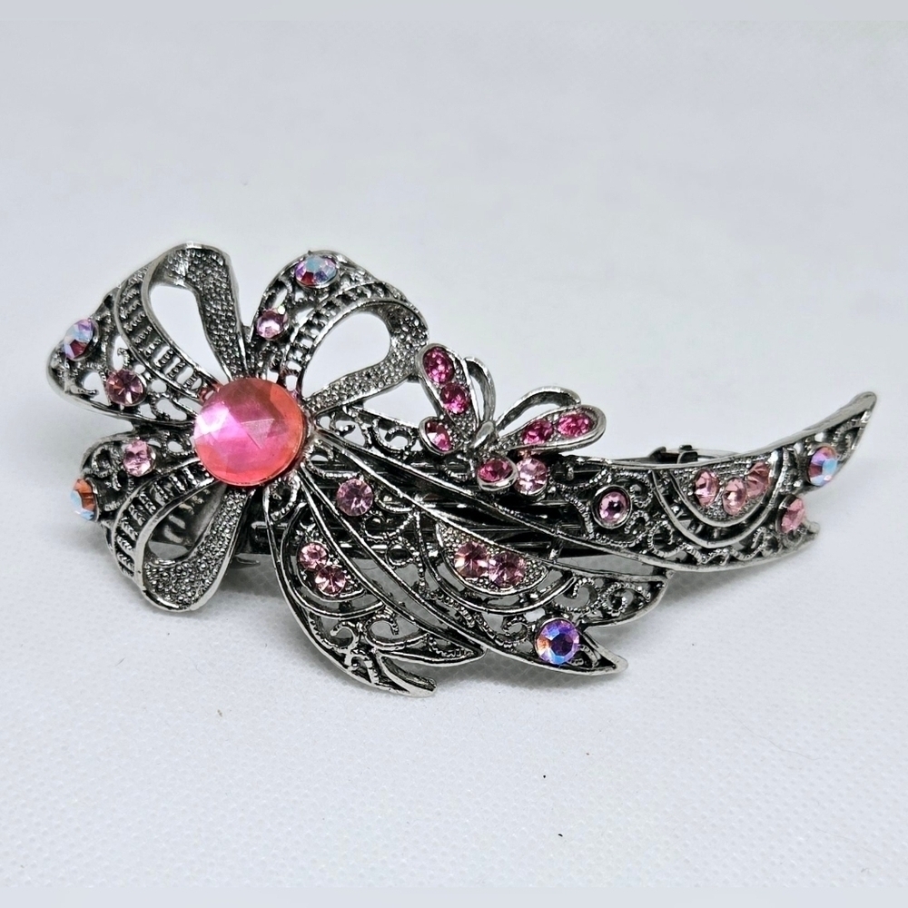 Victorian Style Pink Rhinestone Flower Hair Barrette Silver Filigree Clip